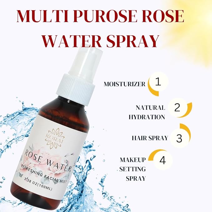 KORAI Facial Rose Water Spray 3.38oz (100 ml) 100% Natural Rose, All Skin Types for Face and Body, Made Without Dyes or Alcohol, Hypoallergenic, Vegan, Cruelty Free