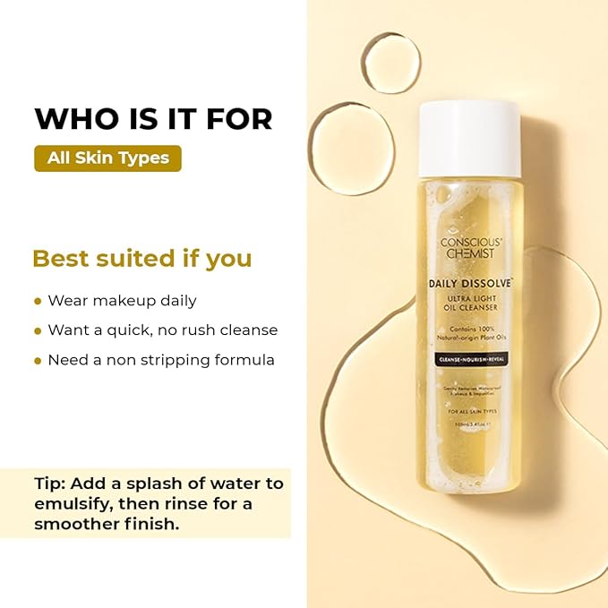 Conscious Chemist Makeup Remover & Oil Cleanser | 130ml | Face Wash & Cleanser for Oily Skin | Removes Waterproof Makeup, Blackheads & Whiteheads | Soft & Clear Skin - Daily Dissolve