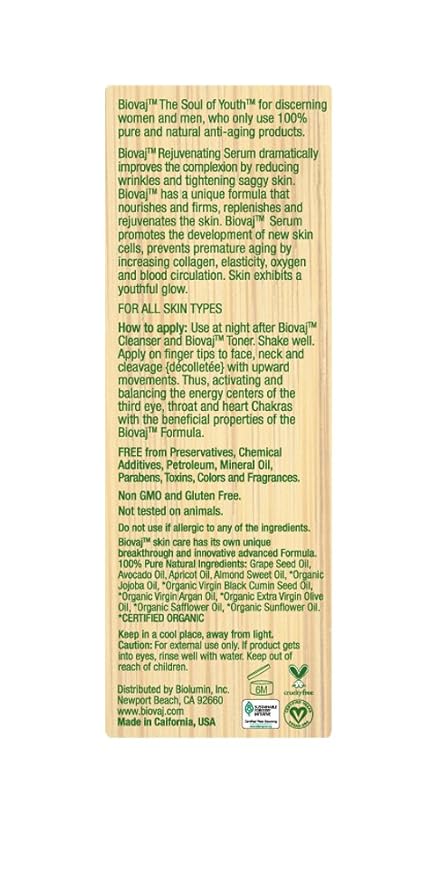 Biovaj Rejuvenating Serum – Anti-Aging Botanical Face Serum for Wrinkles & Fine Lines, Firms, Lifts, Hydrates & Balances Sebum, 100% Clean Natural Skincare, Vegan, Cruelty-Free, Clinically Tested
