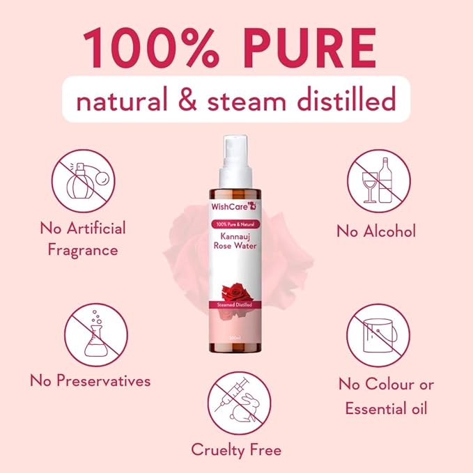 WishCare 100% Pure & Natural Rose Water Liquid - for Skin, Face & Hair - Steam Distilled - Kannauj Gulab Jal - Spray Skin Toner - Free from Paraben, Alcohol & Chemicals - 200 ml