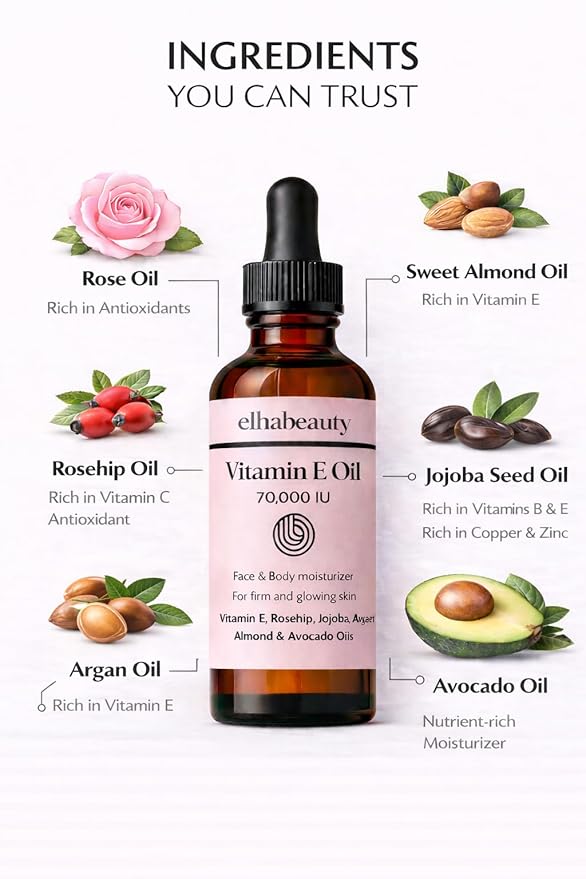 Vitamin E Rose Oil with Organic Rosehip, Avocado, Jojoba, Argan and Almond Oils, Face and Body Moisturizer for a Firm and Healthy Skin, 3.88 fl oz