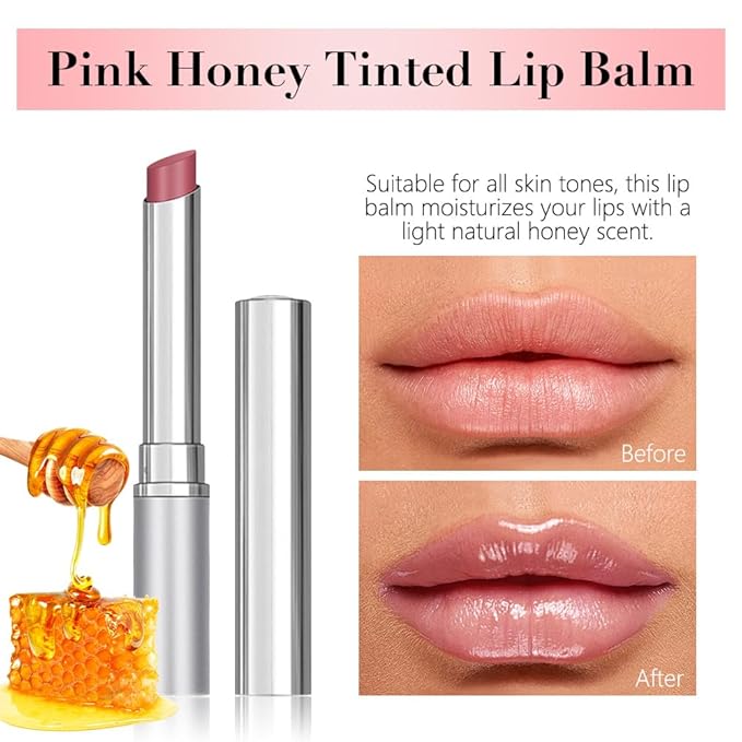 Pink Honey Lipstick Tinted Butter Lip Balm for Women, Natural Sheer Moisturizing Nourishing Hydrating Pink Honey Shine Tint Lipstick Tinted Lip Stain Gloss with a Hint of Natural Cherry Vegan