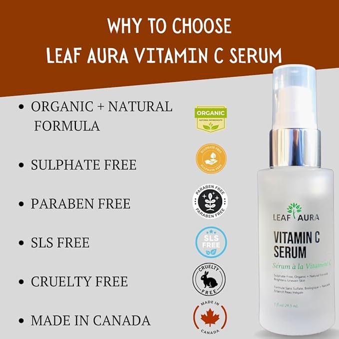 Leaf Aura Vitamin C Serum, Sulphate-Free, Organic+ Natural Formula, Brightens Uneven Skin, Made In Canada, 29.5ml