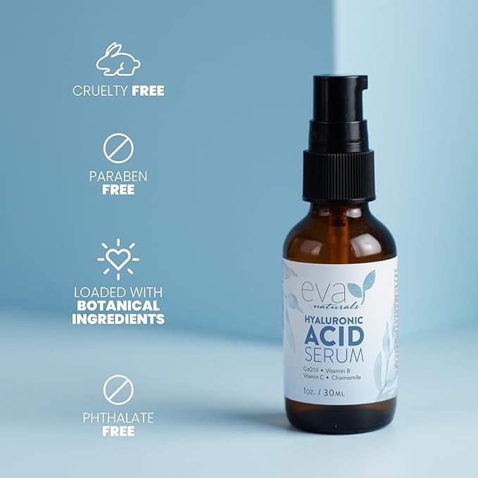 Eva Naturals Hyaluronic Acid Serum for Face – Pure Facial Gel with Natural Moisturizing Factors + HA – Anti-Aging Face Serum for Wrinkles, Fine Lines, Dry Skin, Lifted Glow – 1 oz