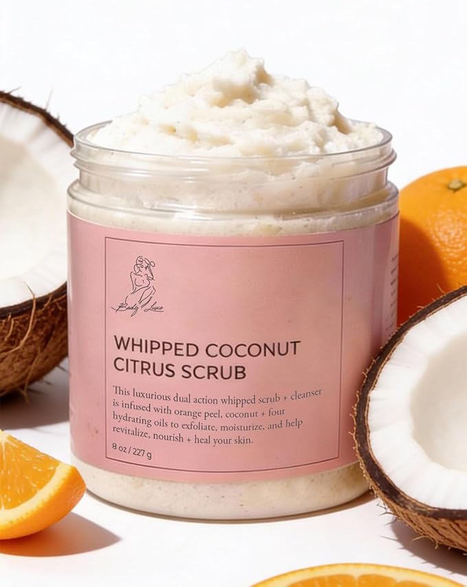 Bodyluxe Glow Organic Whipped Coconut Citrus Sugar Scrub – Handcrafted Dual-Action Cleanser & Exfoliator, Dry Skin Polish & Refresh All Skin Types