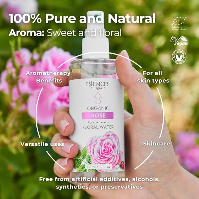 Essences Bulgaria | Organic Rose Floral Water 4.7 Fl Oz | 140ml | Rosa damascena | 100% Pure and Natural | Anti-Age Refreshing Beauty Mist | Alcohol-Free | Makeup Remover | Hydrating | Vegan