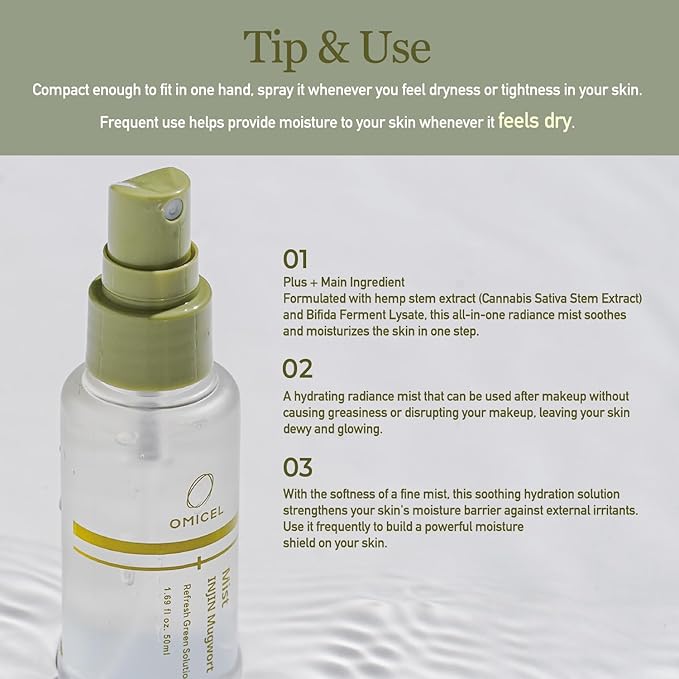 INJIN Mugwort Green Solution Mist (1 Count) - Hydrating Facial Toner Spray for Dewy, Glowing Skin | Moisturizing Makeup Setting Mist | Hemp Stem Extract, Bifida Ferment Lysate