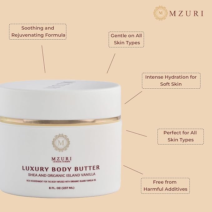 MZURI Body Butter, Whipped Shea and Island Vanilla Blend, Fast-Absorbing, Deep Moisturizing Cream with Essential Oils, Non-Greasy, Natural Skincare for Dry, Glowing Skin, Organic Butter - 8 Fl. Oz