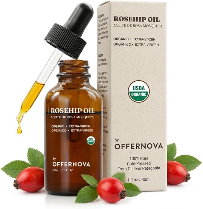 Offernova Organic Rosa de Mosqueta Oil- USDA Certified Rosehip Seed Oil Pure Cold Pressed, Repairs & Brightens Skin - Gua Sha Massage, Face, for All Skin Types - Aceite Facial 1OZ