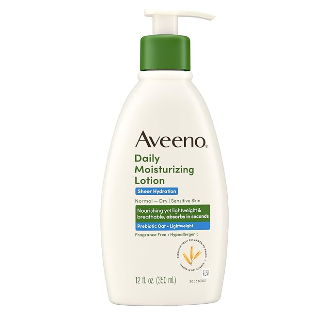 Aveeno Sheer Hydration Fragrance-Free Daily Moisturizing Lotion with Prebiotic Oat for Dry Skin, Lightweight, Fast-Absorbing Body Moisturizer Nourishes Skin with 48-hour Moisture, 12 fl. oz