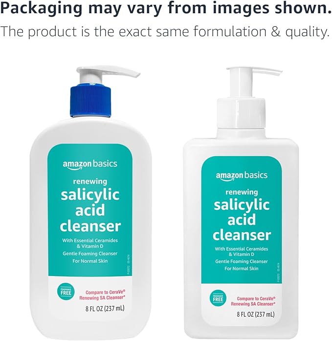 Amazon Basics Exfoliating Face Wash Cleanser, Renewing Salicylic Acid with Ceramides & Vitamin D, Foaming Formula, Smooths Skin, 8 fl oz (Pack of 3)