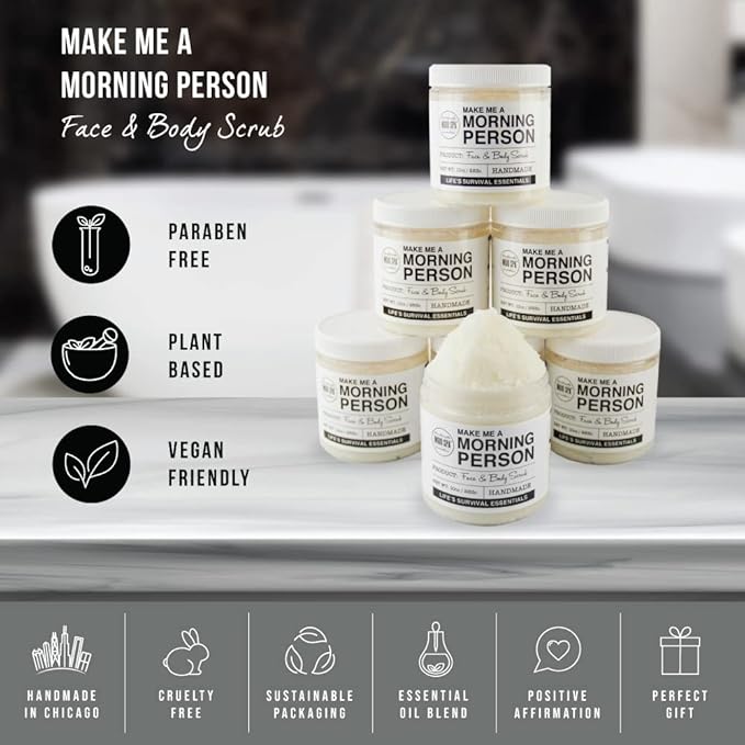Mojo Spa Make Me a Morning Person Face and Body Scrub for Women and Men, Deep Moisturizing Facial and Full Exfoliating Skincare with Peppermint and Rosemary Scent, Sugar Based Exfoliator, 10 oz.