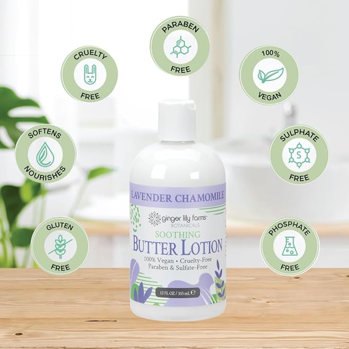 Ginger Lily Farms Botanicals Soothing Butter Lotion for Dry Skin, 100% Vegan & Cruelty-Free, Lavender Chamomile Scent, 12 Fl Oz (Pack of 6)