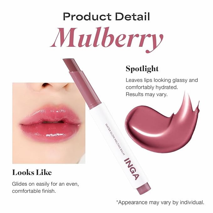 INGA Water Glow Melting Balm - Hydrating Tinted Lip Balm with Soft, Melt-On Texture, Natural Sheer, Glass-Like Finish with Non-Sticky, Lightweight Comfort (MULBERRY JUICE)