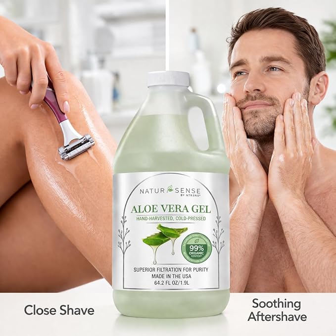 NTRSNS NaturSense 99% Organic Aloe Vera Gel 64.2 oz, Cold Pressed Pure Aloe for Face, Hair, Scalp, Sunburn, Dry Skin, Sensitive Skin, DIY Skincare, Unscented Refill Bottle. Made in USA