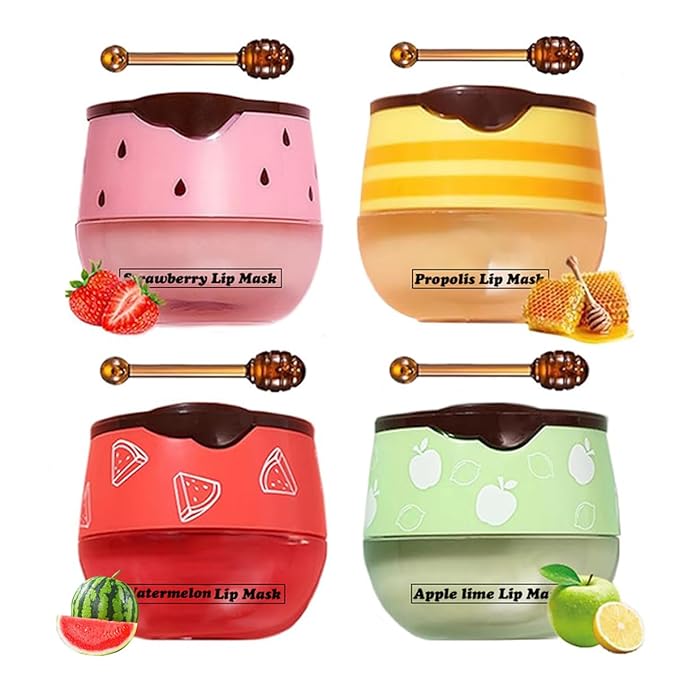 4 PCS Honey Lip Mask, Strawberry & Watermelon & Apple Lime Lip Sleeping Mask Propolis Moisturizing Lip Balm with Stick, Vitamin E Lip Masks, Repairs And Prevents Chapped Lips (4 Flavors)