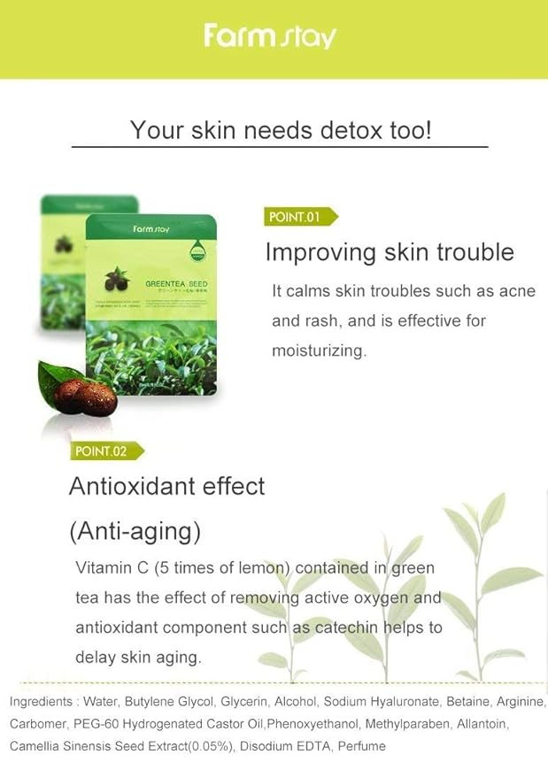 Farmstay Korean Greentea Seed Hydration Facial Mask Sheet(Pack of 10) / Good for Dry and Dull Skin / Good for Soothing and Hydrating