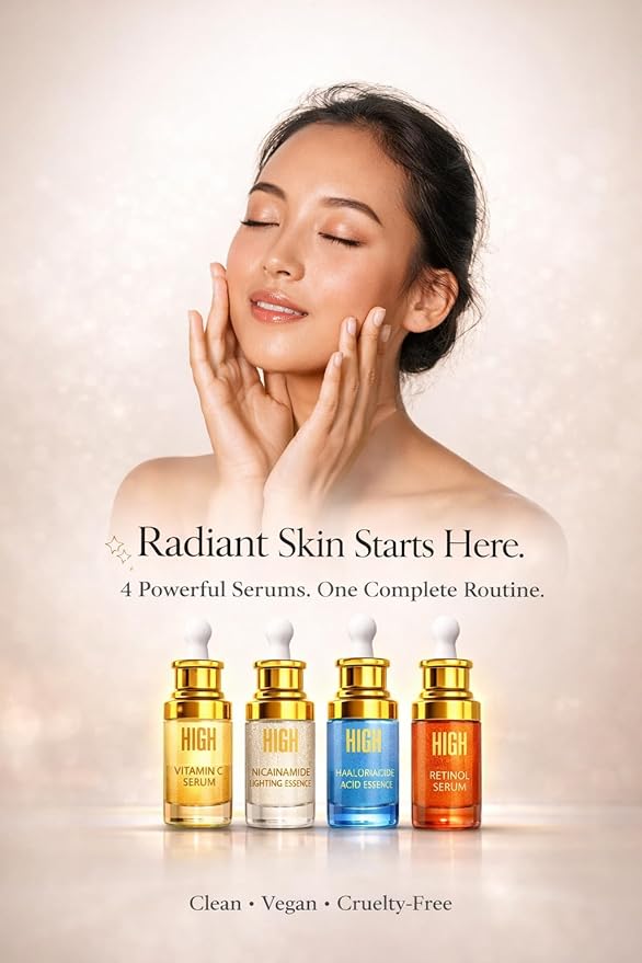 HIGH – Elixir Quartet Face Serum Set – Vitamin C, Retinol, Hyaluronic Acid & Niacinamide – Complete Daily Skincare Routine