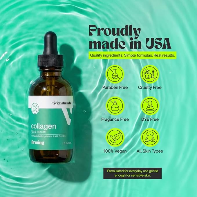Collagen Serum For Face Made in USA 60ml-Collagen Skin Care with Peptides & Hyaluronic Acid Firming Serum Hydrating Lightweight Smooth Anti Aging Facial Serums For Women Skincare