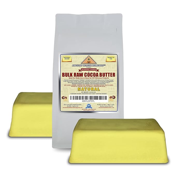 ANCIENT HEALTH REMEDIES Organic Unrefined Raw NATURAL COCOA (CACAO) BUTTER BLOCKS Bulk Size Rich Chocolate Aroma For Lip Balms Stretch Marks DIY Base for Body Butter (2Lb)