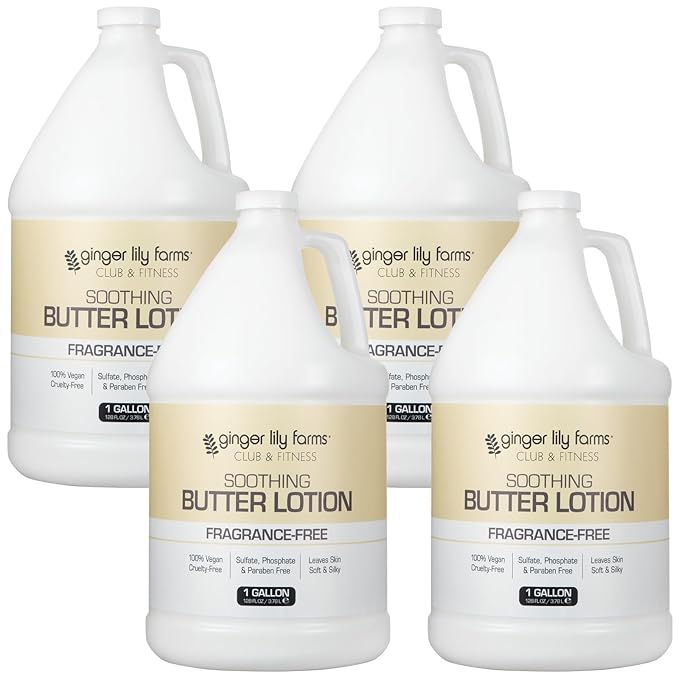 Ginger Lily Farms Club & Fitness Soothing Butter Lotion for Dry Skin, 100% Vegan & Cruelty-Free, Fragrance Free, 1 Gallon (Pack of 4)
