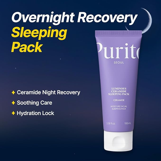 PURITO Luminous Ceramide Sleeping Pack | Overnight Recovery Cream with Five Ceramides for Dry & Sensitive Skin | Ceramide, Hydration Lock | Vegan & Cruelty-Free, Korean Skincare, 100mL / 3.38 fl.oz
