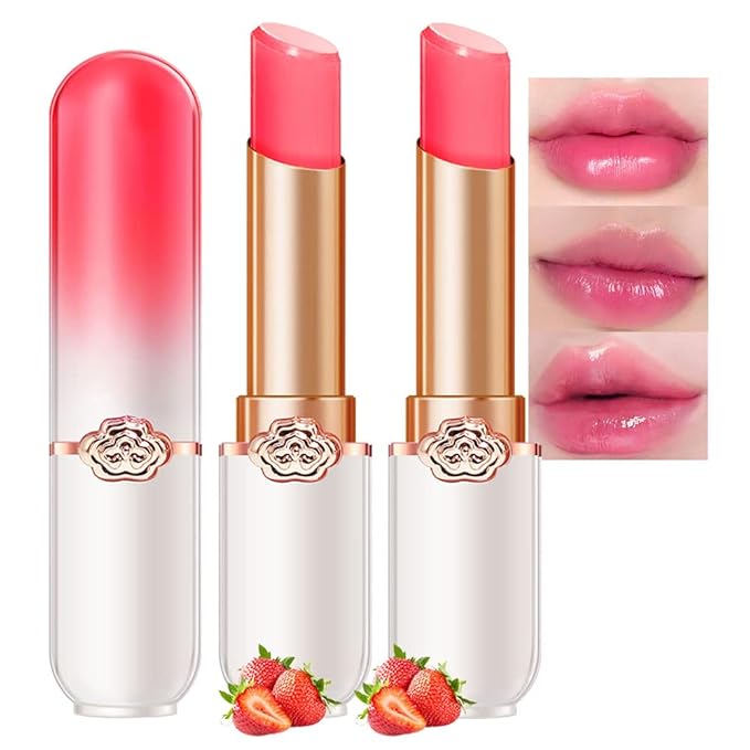 BINGBRUSH 2 Pcs Strawberry Color Changing Lipstick Queen,PH Mood Long Lasting Labiales Lip Gloss Lip Balm Tinted Magic Lip Stain Makeup Lipstick Set for Women