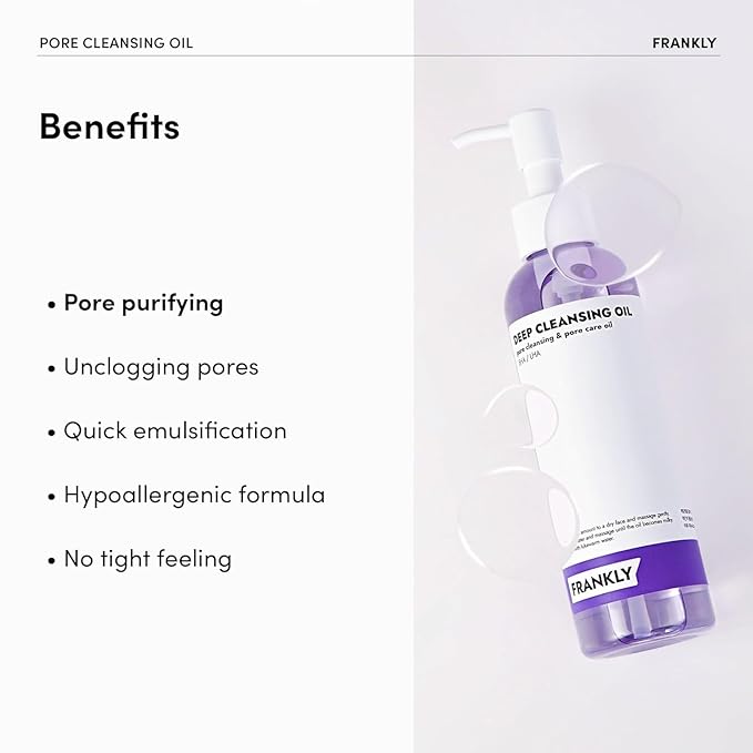 FRANKLY Pore Cleansing Oil | Oil Cleanser for Face | Deep Makeup Remover & Blackhead Cleanser with BHA, LHA, Amino Acids & Hyaluronic Acid | All Skin Types, Korean Skin Care | 6.8 fl oz