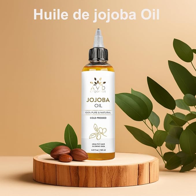 AVD ORGANICS Jojoba Oil for Hair (120ml Large) – Natural Cold-Pressed Unrefined Hexane Free huile de jojoba for Hair, Face, Scalp, Nails & Cuticles | Carrier Oil - 4.05 fl oz