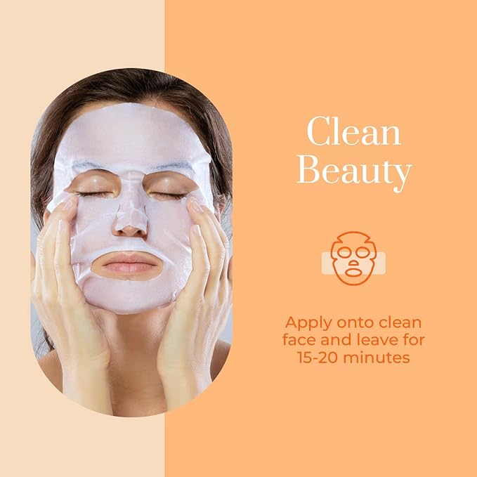 Clear Beauty Vitamin C & Collagen Face Mask - Dermatologist Tested, Diminishes Fine Lines & Wrinkles, Anti-Aging, Natural Ingredients Cruelty-Free Korean Skin Care, All Skin Types - 4 Pack