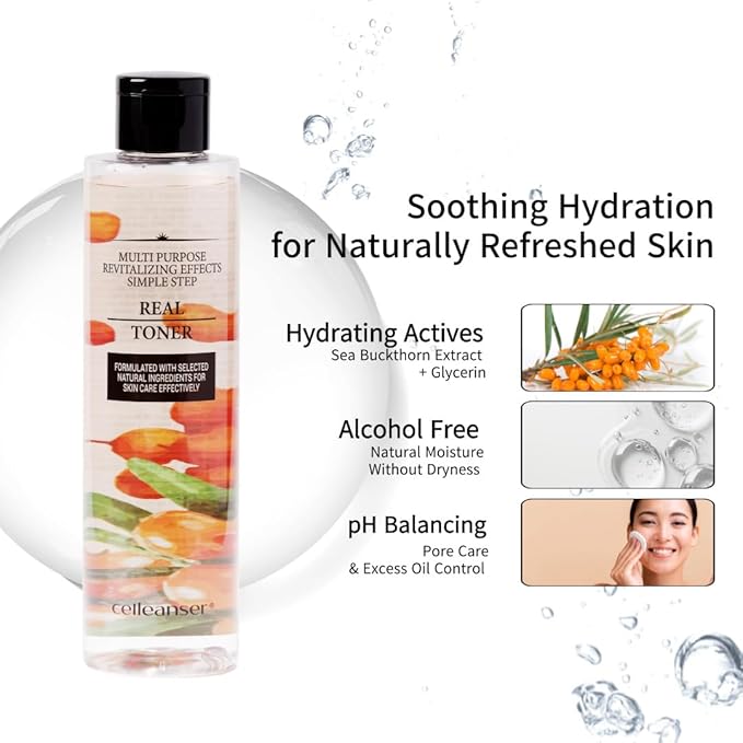 Real Toner-Facial Toner with Sea Buckthorn Extract for Soothing, Revitalizing and Hydrating Skin, Alcohol-Free, Vegan, 6.76 oz