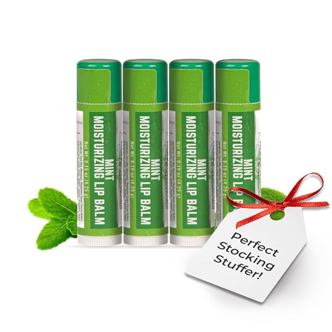 RaGaNaturals Natural Mint Lip Balm - Hydrating Lip Moisturizer for Dry & Cracked Lips with Shea Butter, Cocoa Butter, Vitamin E & Beeswax - Refreshing Mint, Non-Tinted For Wommen, Men & Kids – 4 Pack