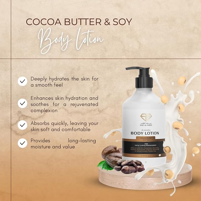 SAIF AL FARES Cocoa Butter and Soy Body Lotion Alcohol Free & Paraben Free with Cocoa Butter and Soy Scent made with Emollients, Sodium Hyaluronate, Vitamin E, Vitamin B5 & Natural Extracts 16.9 Fl Oz