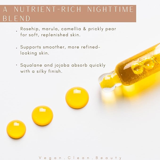 Vitamin C + Squalane Night Facial Oil – Hydrating - Nourishing Botanical Blend with Rosehip, Marula, Camellia & Bakuchiol for Soft, Glowing Skin