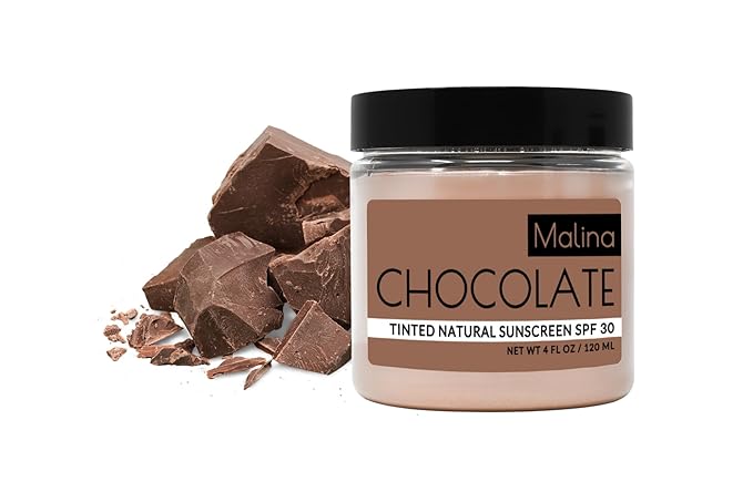 Malina™ Organic Chocolate Tinted Natural Sunscreen | SPF 30+ | Nontoxic | Reef-Safe | No Preservatives | No Synthetic Fragrance | 3 Shades | With Non-Nano Zinc-Oxide (4 Fl Oz, Light)