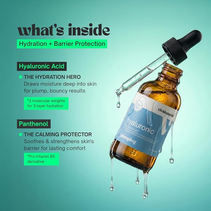 Hyaluronic Acid Serum for Face Made in USA 60 ml - Lightweight, Non-Greasy Hyaluronic Serum with Panthenol Vitamin B5 for All Skin Types Hydrating Skin Care Anti Aging Plupming Skincare