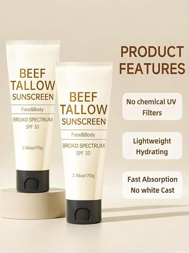 Tallow Sunscreen, Sunscreen for Face, SPF30 Natural Reef Safe Face Body Beef Tallow Sunblock, Non Greasy Clean Travel Sun Screen Sunblock for Summer Outdoor Travel, 2.46 OZ