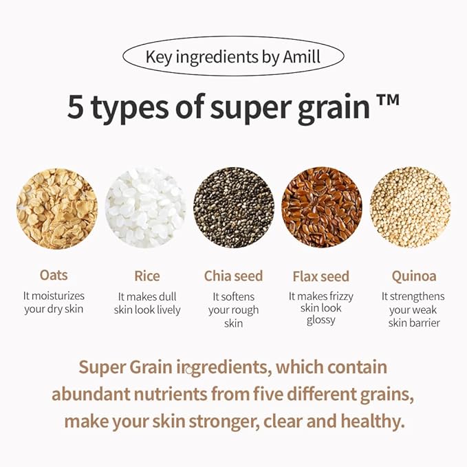 Amill Super Grain Foam Cleansing (100ml/3.39fl.oz) – Gentle Facial Cleanser with Multi-Grain Extracts for Soft & Hydrated Skin