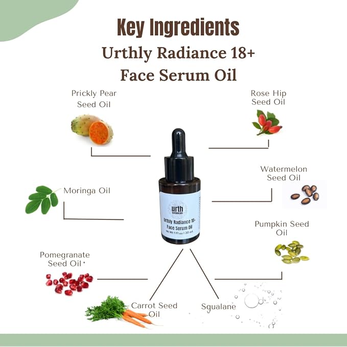 Urthly Radiance 18+ Face Serum Oil – 18 Cold-Pressed Botanical Oils + Deep Sea Squalane | Anti-Aging, Brightening & Hydrating Face Oil for Mature, Dry & Sensitive Skin | Plant-Based, Clean Beauty, 1oz