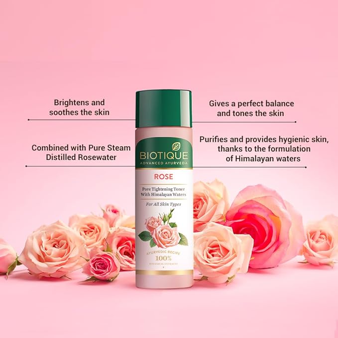 Biotique Pure Rose Water, Rejuvenating Mist For Face and Body Steam Distilled, for all Skin Types Rose Toner, 120ml