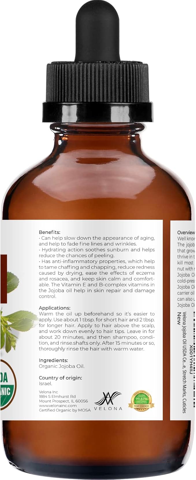velona Jojoba Oil USDA Certified Organic - 4 fl oz (With Dropper) | Golden, Unrefined, Cold Pressed | Hexane Free