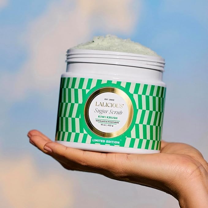 LALICIOUS Kiwi Krush Sugar Scrub - Cane Sugar Body Scrub - Exfoliating & Moisturizing Body Care with Coconut Oil and Kiwi Seed Oil for Soft, Smooth, Protected Skin - No Parabens (16oz)