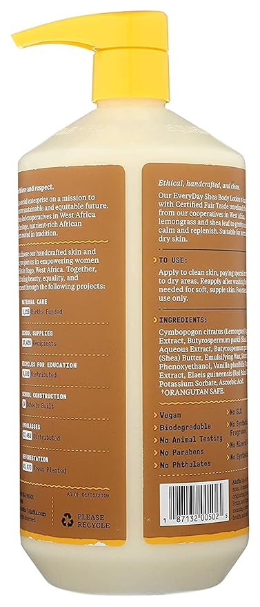 Alaffia EveryDay Shea Body Lotion - Normal to Very Dry Skin, Moisturizing Support for Hydrated, Soft, and Supple Skin with Shea Butter and Lemongrass, Fair Trade, Vanilla 16 Fl Oz