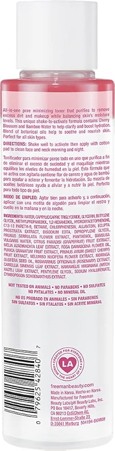 FREEMAN Beauty Makeup Remove Witch Hazel Toner for Face, Hydrating Korean Cherry Blossom, Pink, 6.1 Fl Oz