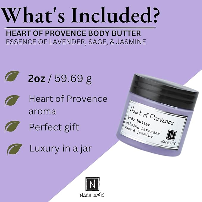 Nabila K Body Butter - Daily Moisturizer for Body Care - Skin Hydrating Deep Moisturizing - Natural Ingredients - Heart of Provence - 2 oz