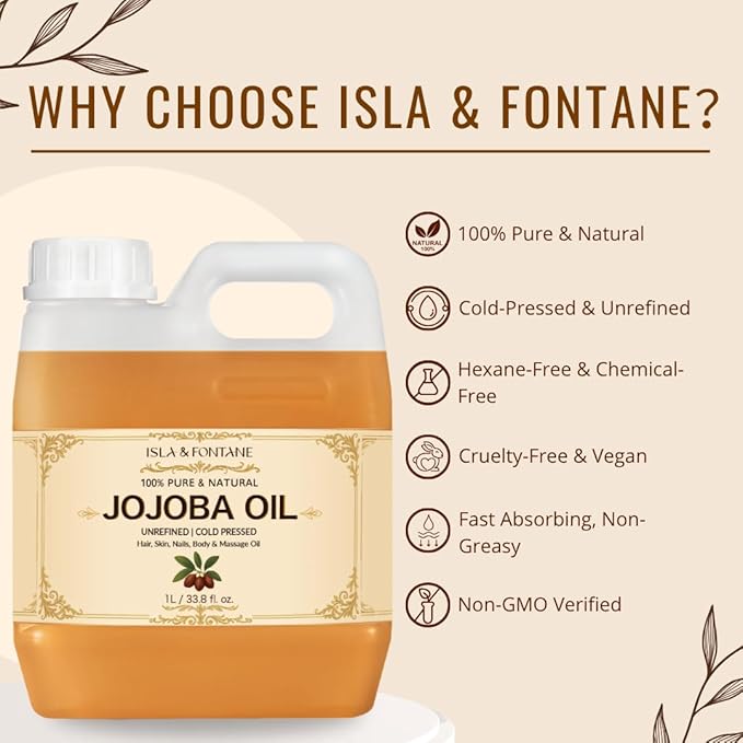 ISLA & FONTANE Jojoba Oil – 1L (33.8 fl oz) | 100% Pure & Natural | Golden, Unrefined, Cold Pressed | Hexane-Free Carrier Oil for Skin, Hair, Face, Nails & Body Moisturizing