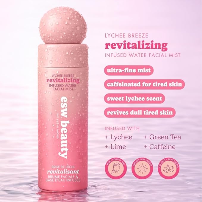 ESW Beauty Lychee Breeze Facial Mist - Hydrating Face Mist - Makeup Primer & Setting Spray - Scented Face Toner with Lychee Water, Lime, Green Tea & Caffeine 3.4oz