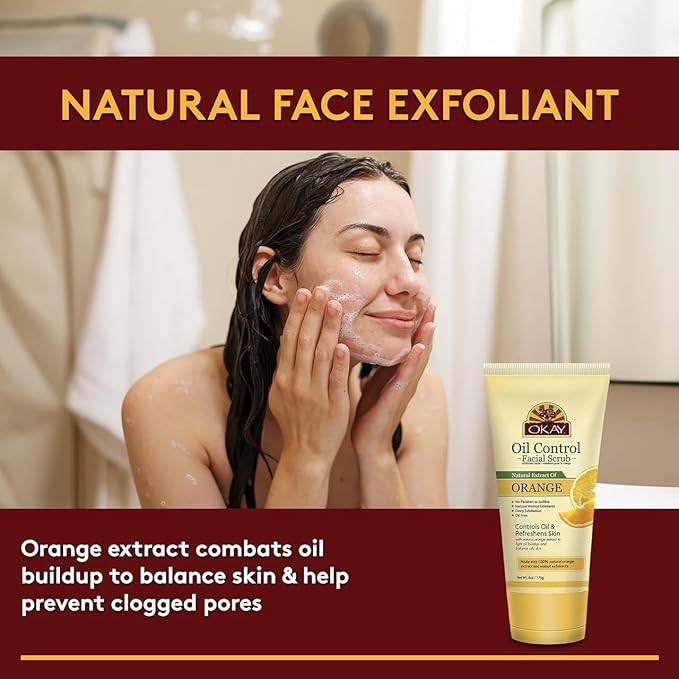 OKAY Orange Facial Scrub for Oil Control 6 oz – Deep Exfoliating Face Scrub Removes Dirt & Dead Skin, Minimizes Pores, Helps Clear Blemishes, Brightening Orange Extract, Alcohol Sulfate Paraben Free