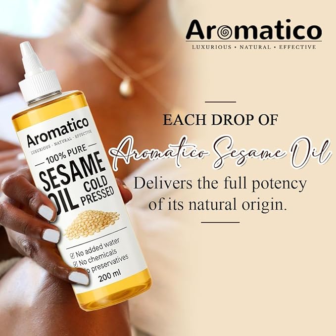 Aromatico 100% Pure Cold Pressed Sesame Oil for Skin, Hair & Massage – Lightweight, Non-Greasy Daily Care Oil, No Added Chemicals or Preservatives - 7 Fl Oz