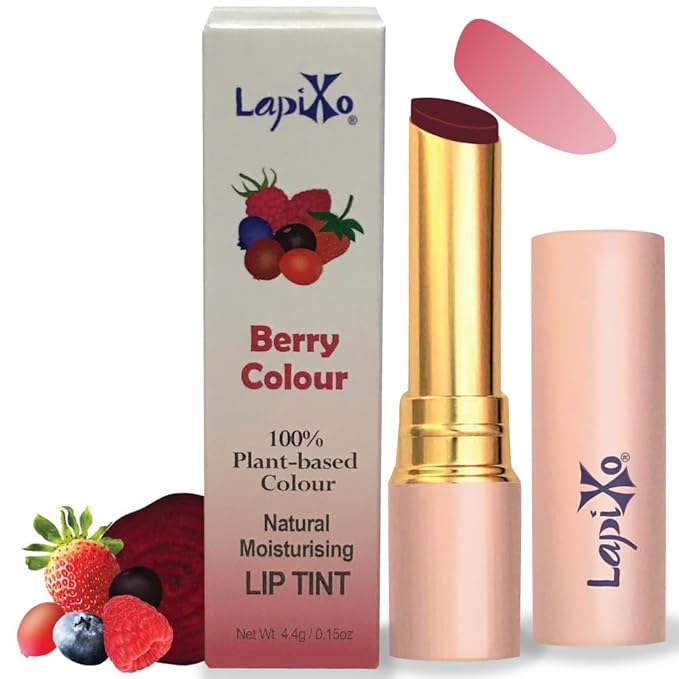 LAPIXO 100% Plant-based Color Lip Tint, Unique Formula, Natural + Moisturizing | 2-in-1 | All Food Ingredients, Non-Toxic, Antioxidant-rich, Natural Matte Sheer, Buildable, 4.4g/0.15oz (Berry color)